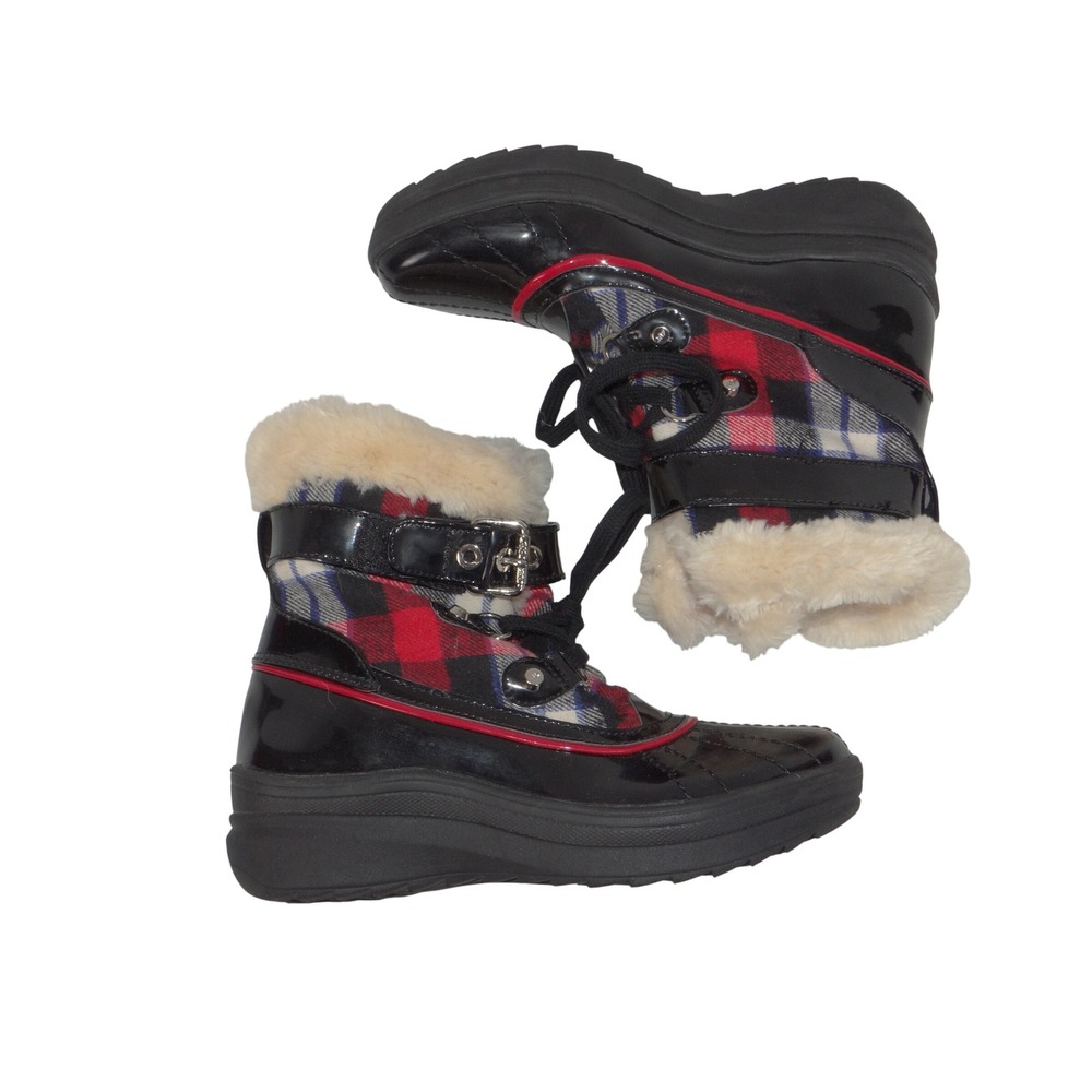 Anne Klein Sport AKGALLUP Black Plaid Faux Fur Trim Winter Duck Boots Womens 6M